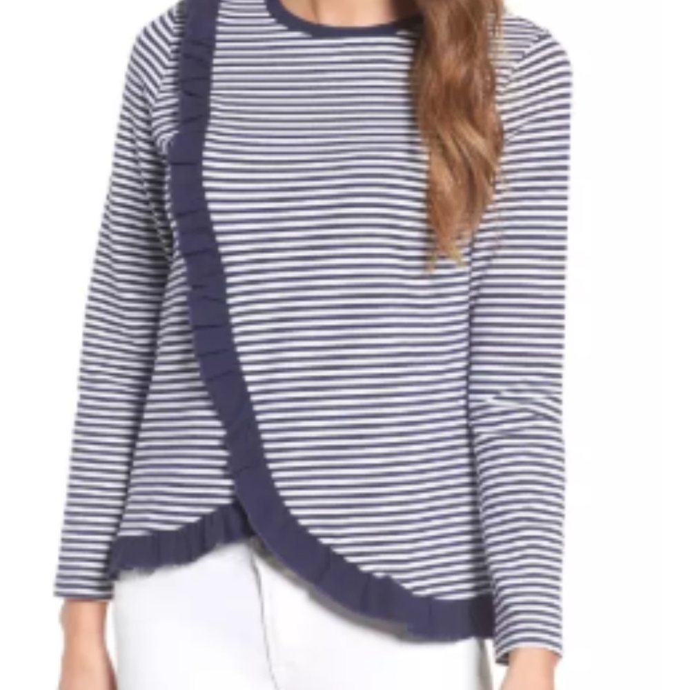 NWOT HALOGEN Ruffle Wrap Top in Navy and White